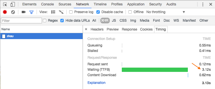 Example showing a long waiting time i.e. server takes 3.83 seconds to create the response