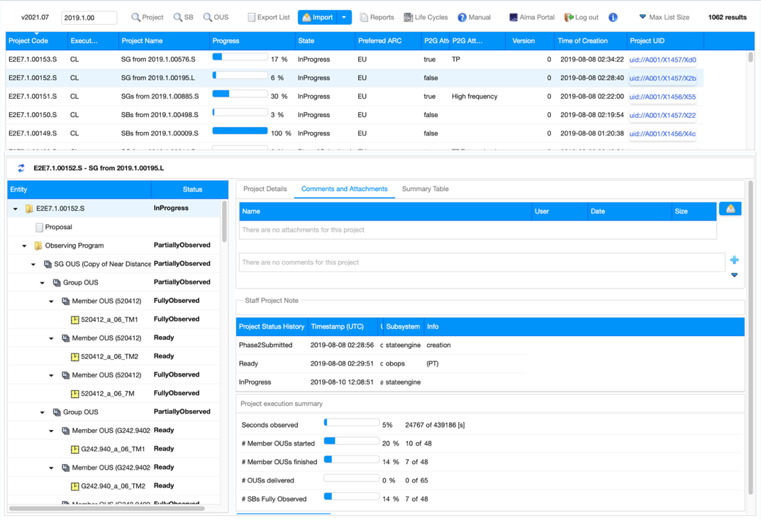 ALMA's Project Tracker, developed using ZK with the ice-blue compact theme