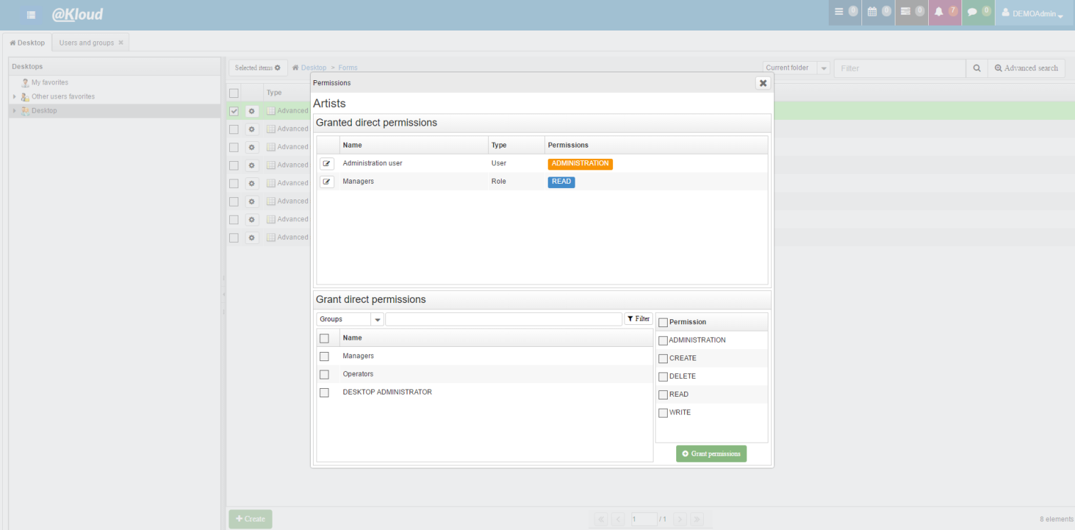 Atkloud permissions management screen