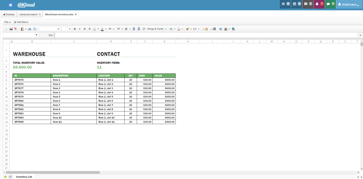 Atkloud warehouse inventory spreadsheet screen after importing an Excel file