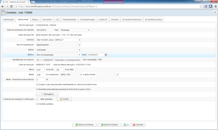 Certificadora contract detail screen (Portuguese interface)