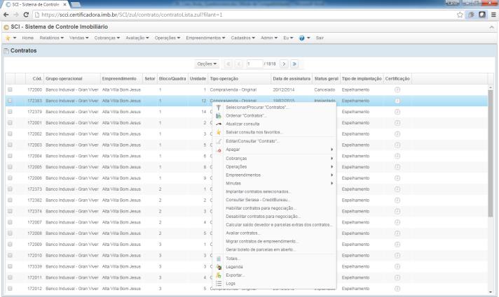 Certificadora contracts list screen (Portuguese interface)