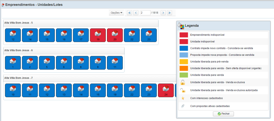 Empreendimentos - Unidades/Lotes grid visualization (Portuguese interface)