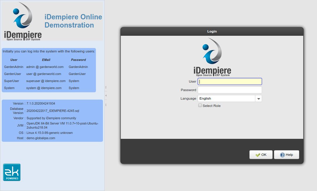 iDempiere online demonstration account information