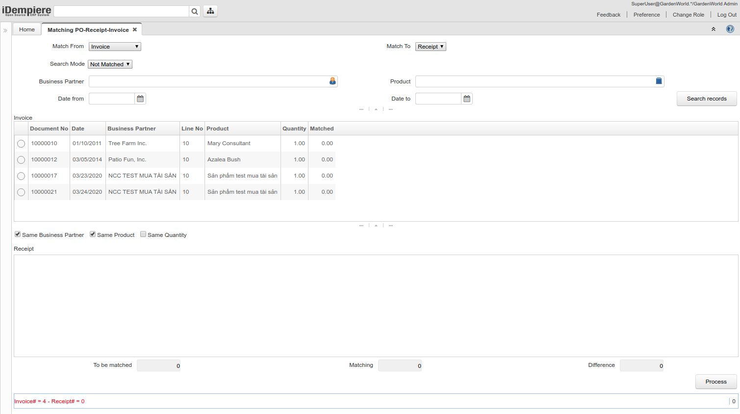 iDempiere PO-Receipt-Invoice matching screen