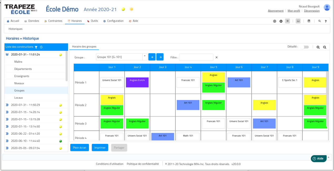 Trapeze School group timetable overview