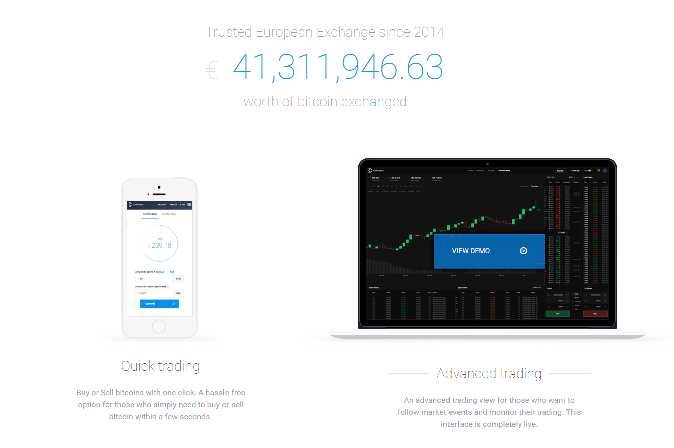 coinmate.io quick trading and advanced trading, shown on mobile and laptop