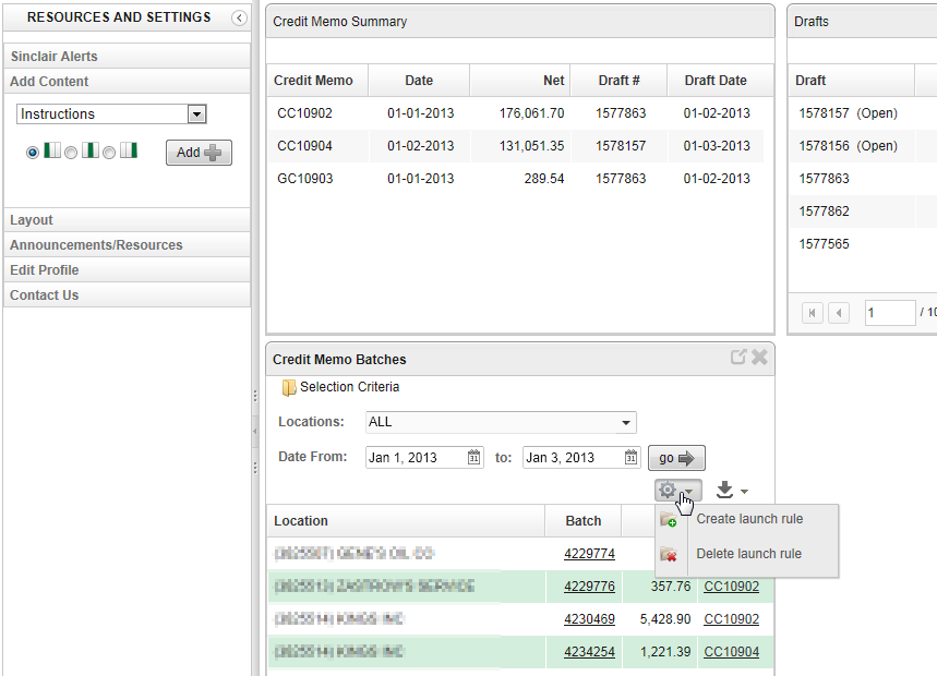 Credit Memo Summary and Batches main screen